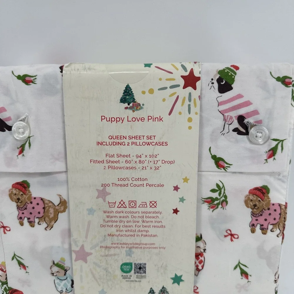 Cath Kidston London 4pc QUEEN Cotton Christmas ~ PUPPY LOVE PINK ~ Sheet Set NIP